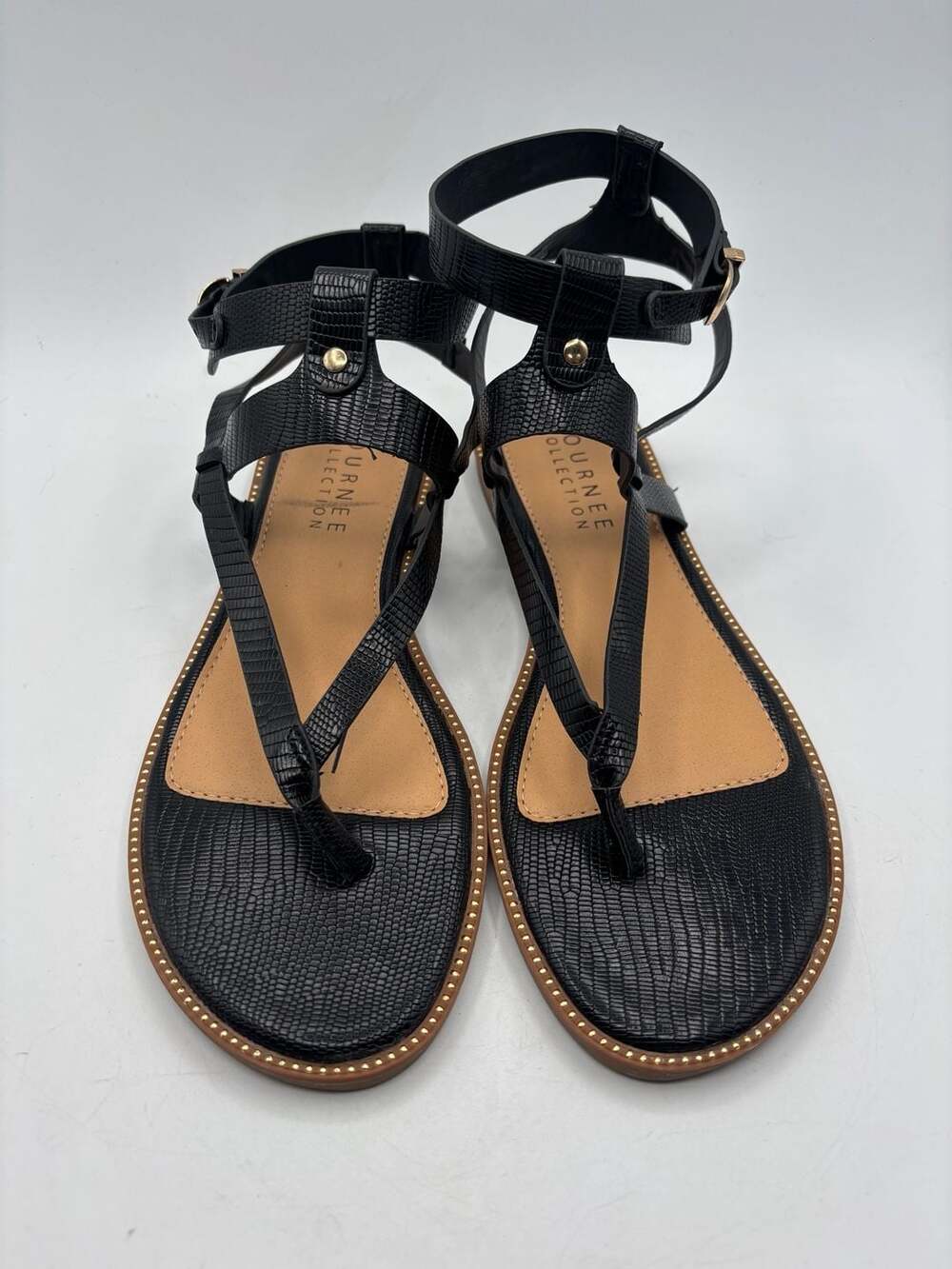 Journee Collection Tangie Snake Embossed Multi-Strap Flat Sandals in Black